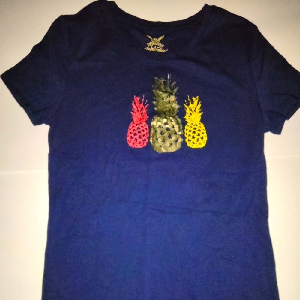 Faded Glory (Size M 8-10) Navy Blue Pineapple Novelty Print Crewneck SS Shirt